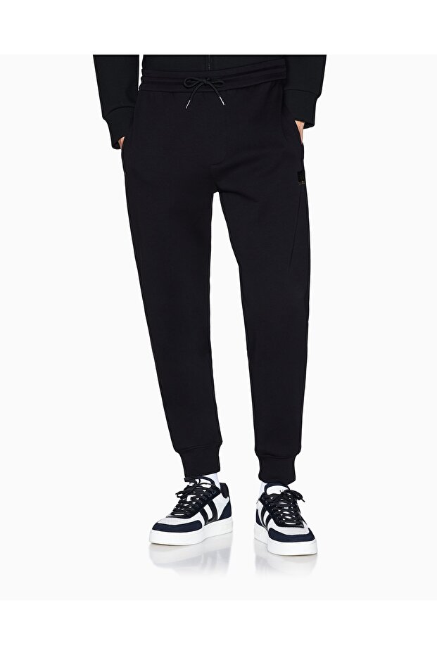 Men's Stretch Cotton Logo Regular Fit Jogger Normal Waist Black Trousers