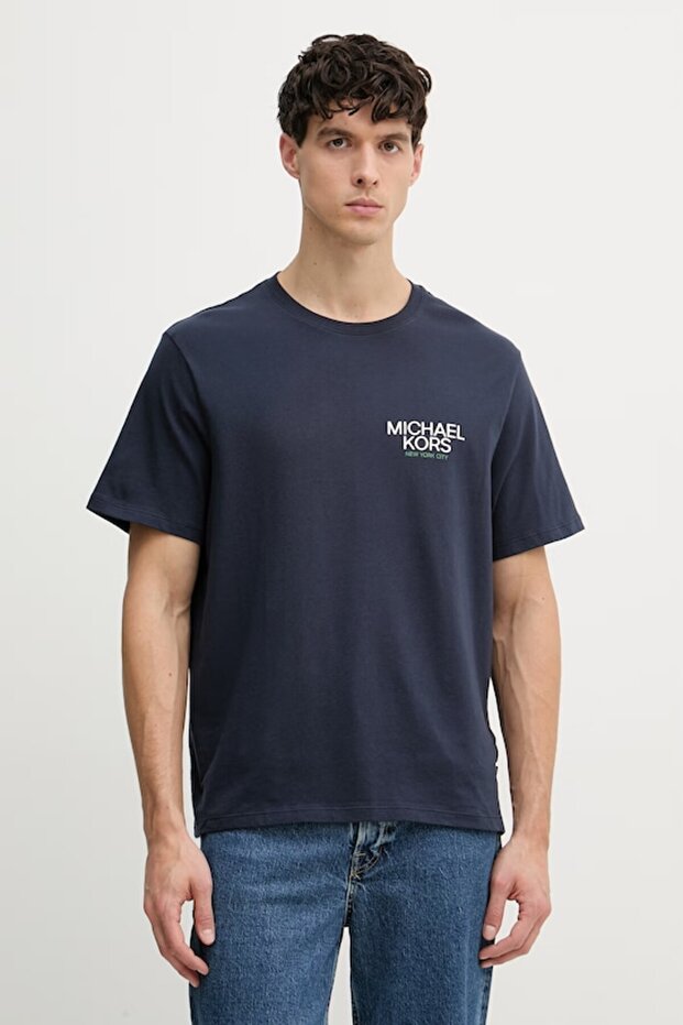 Men's Crew Neck Short Sleeve Back Area Large Logo Cotton Navy Blue T-Shirt
