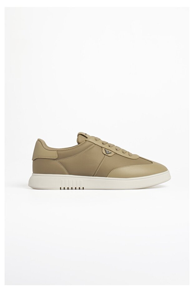 Men's Lace-Up Round Toe Leather Comfortable Sole Khaki Sneaker