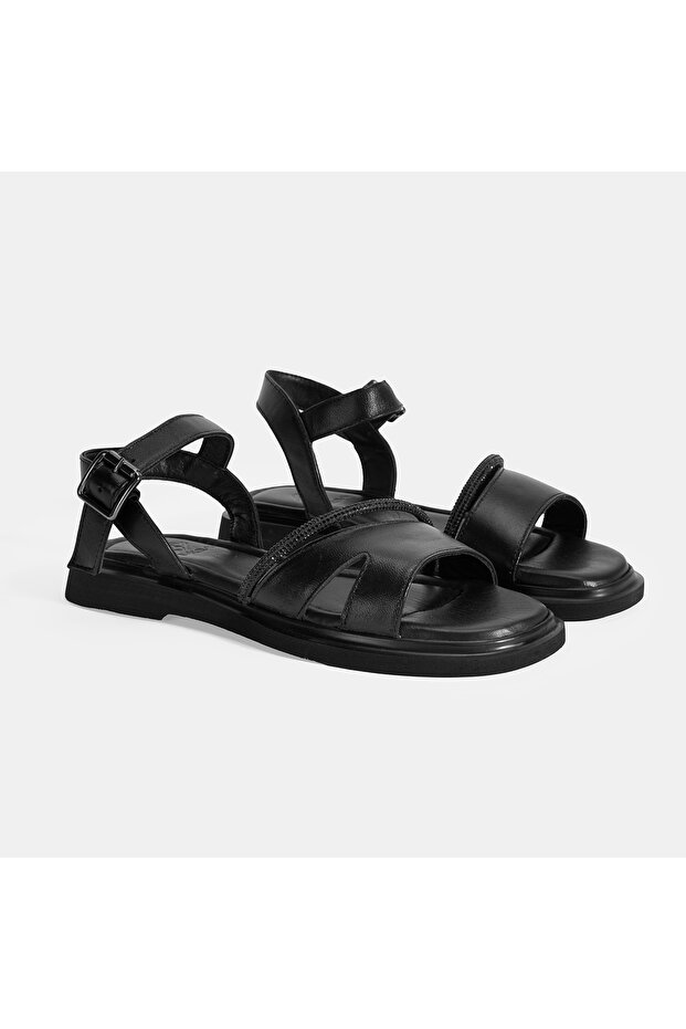 Women's Black Adjustable Buckle Stone Detailed Leather Sandals