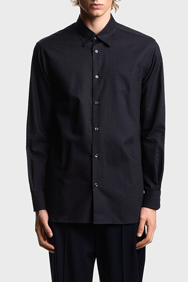 Men's Silk Blend Regular Fit Shirt with Collar in Navy Blue