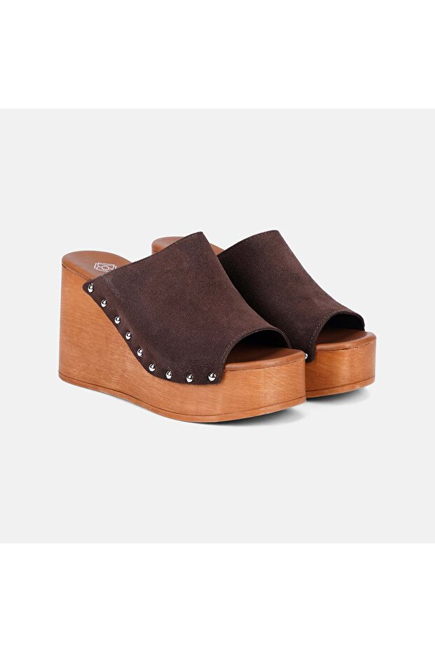 Women's Dark Brown Studded Detailed Wedge Heeled Suede Slippers