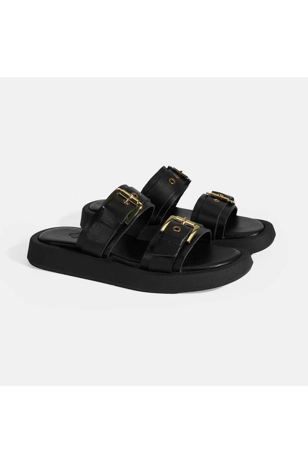 Women's Black Buckle Detailed Leather Slippers