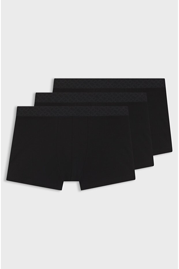 Erkek Logo Kabartmalı Elastik Bel Bantlı Pamuklu Üçlü Paket Siyah Boxer - 1