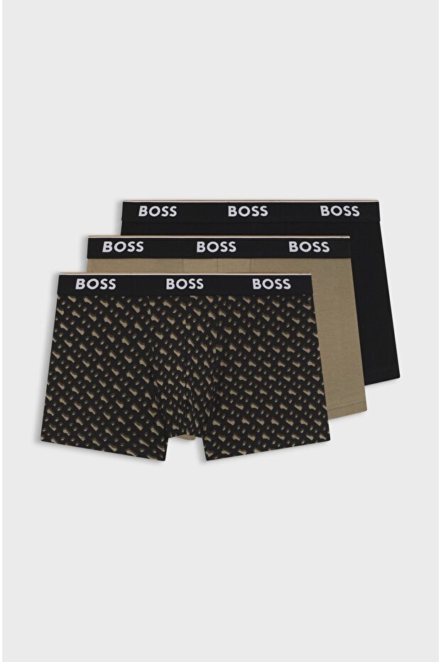 Erkek Elastik Logolu Bel Bantlı Desenli Üçlü Paket Bej Boxer - 1