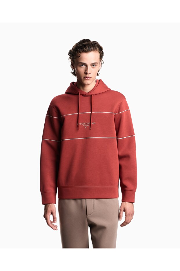 Men's Hooded Collar Stripe Pattern Long Sleeve Cotton Regular Fit Red Sweatshirt