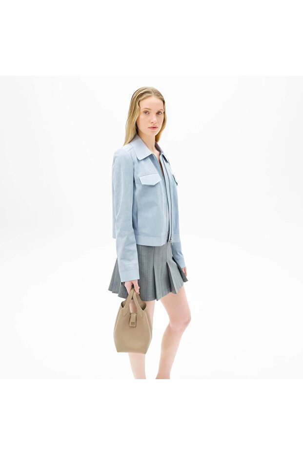 Limited Edition Women's Blue Leather Detailed Zippered Suede Jacket