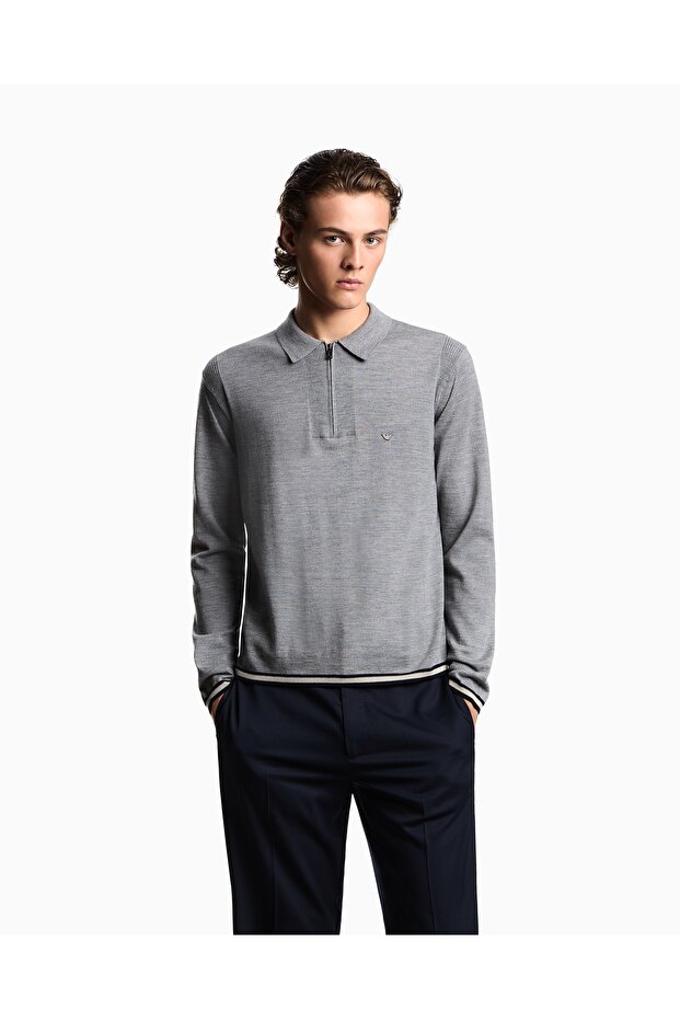 Men's Cotton Polo Collar Zipper Closure Long Sleeve Gray Sweater