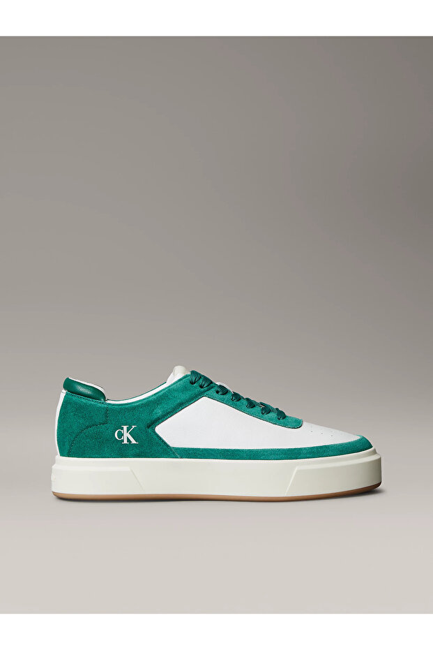 Men's Low-Top High-Sole Breathable Upper Leather White-Green Sneaker