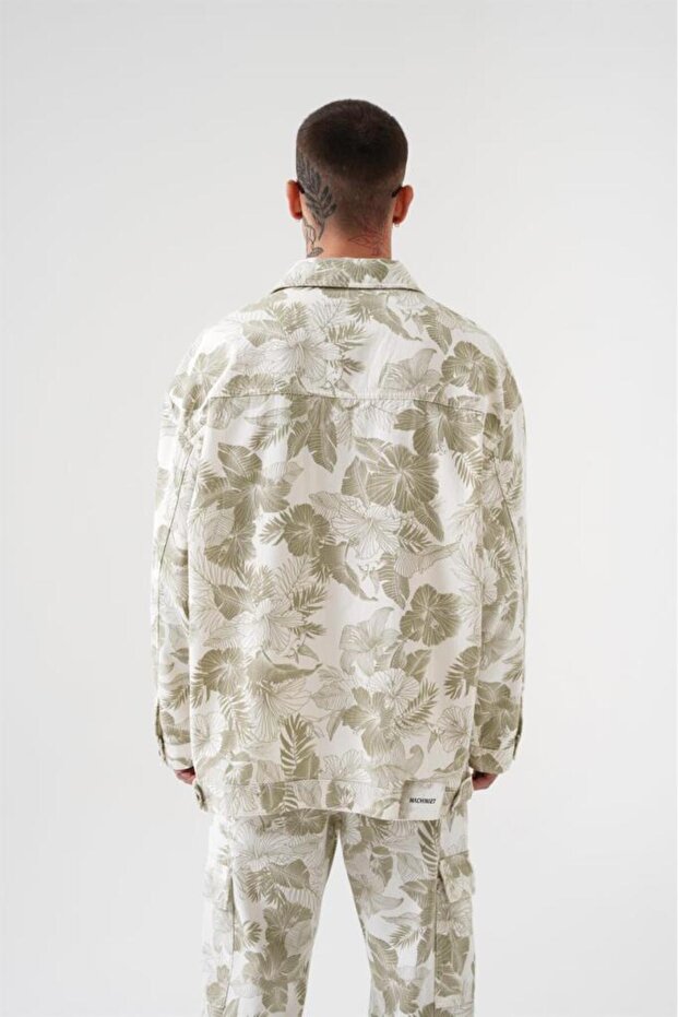 Men's Oversize Patterned Denim Jacket Flower - 4