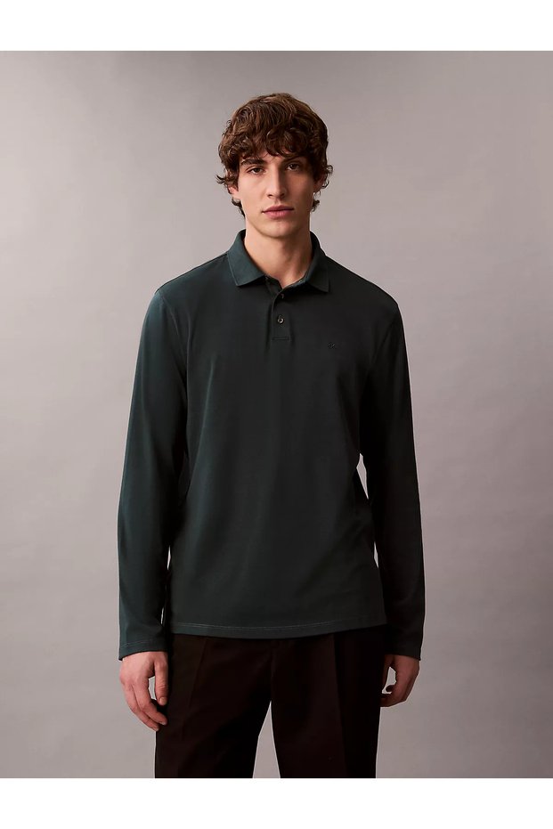 Men's Regular Fit 100% Cotton Long Sleeve Green Polo Collar T-Shirt