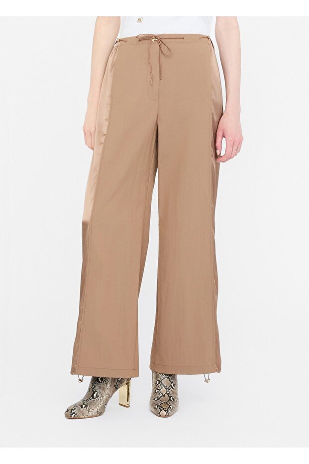 Women's Satin Detailed Comfortable Fit Beige Trousers with Elastic Cuffs