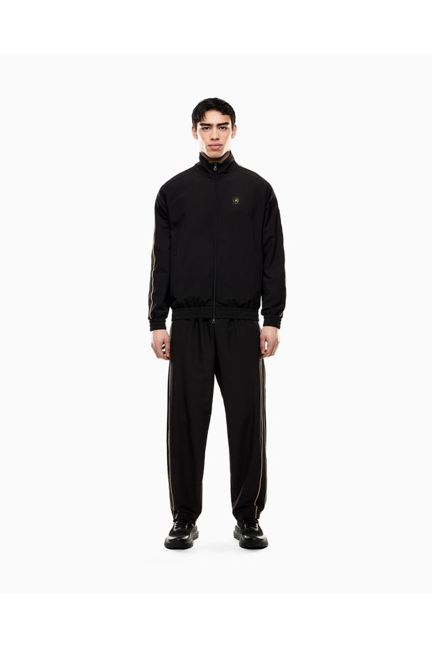 Men's Stand Collar Long Sleeve Elastic Waist and Cuffs Pocket Detail Relaxed Fit Black Tracksuit Set