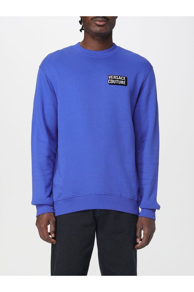 Men's Comfortable Fit Logo Label Round Neck 100% Cotton Long Sleeve Blue Sweatshirt
