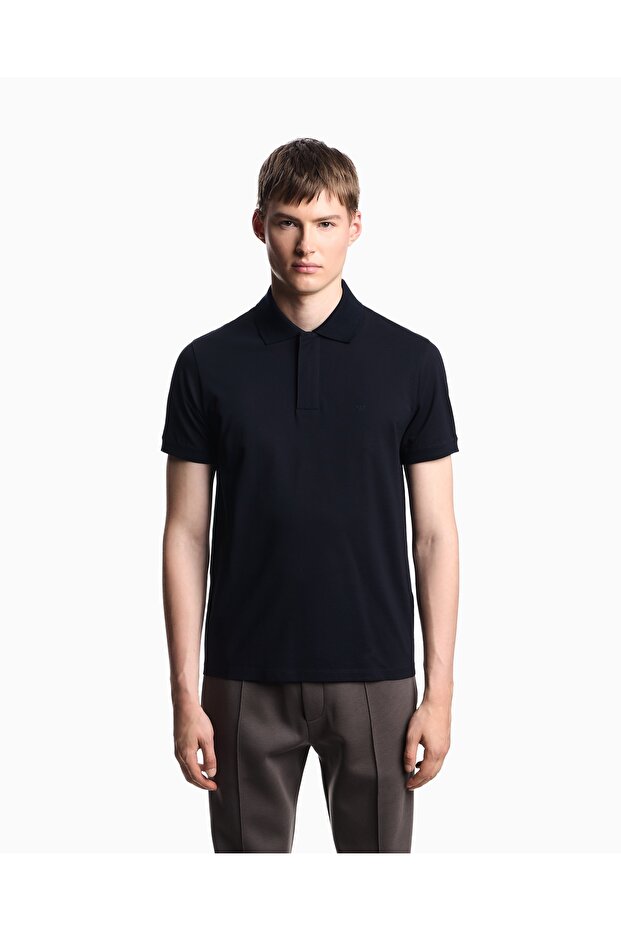 Men's Eagle Logo Regular Fit Pique Cotton Short Sleeve Navy Blue Polo Neck T-Shirt