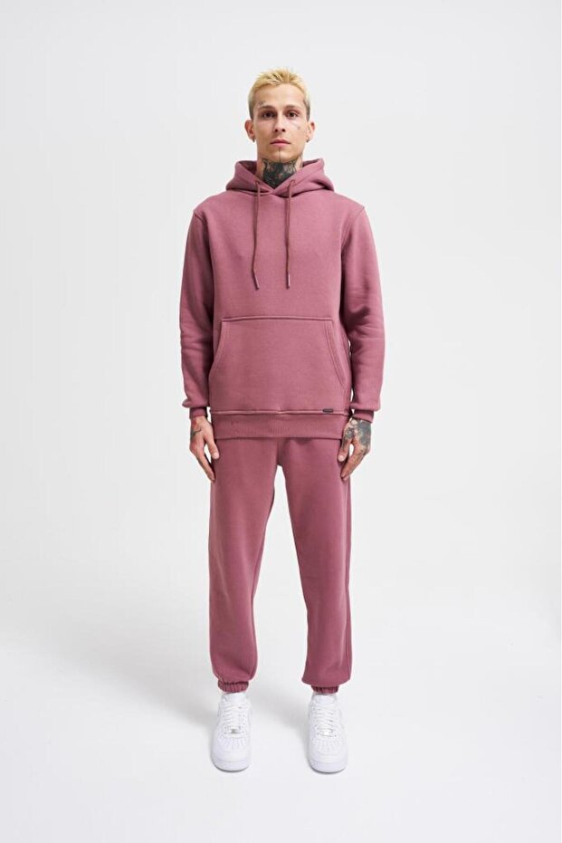 Erkek Regular Basic Kapüşonlu Sweatshirt Mürdüm - 4
