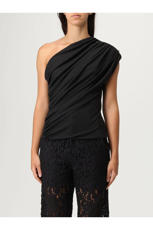 Women's One-Shoulder Gathered Woven Fabric Black T-Shirt