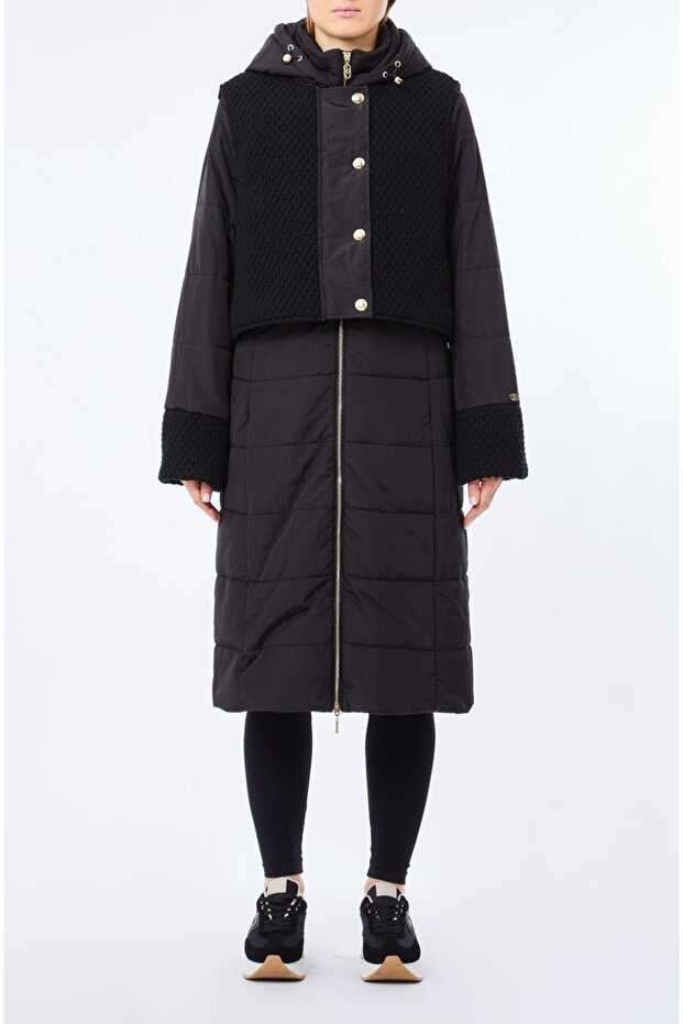 Women's Lightweight Flared Cut Black Jacket with Detachable Hood and Knitted Vest Detail with Zipper