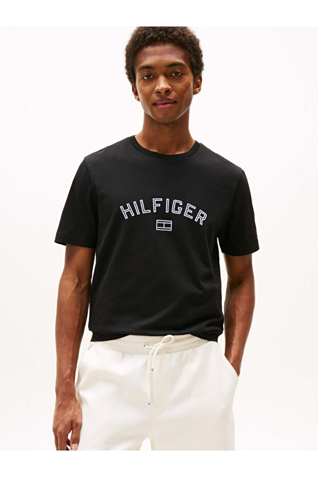 Men's Regular Fit Cotton Logo Printed Cotton Round Neck Short Sleeve Black T-Shirt