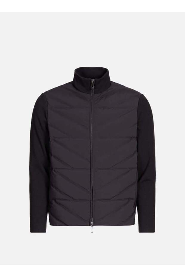 Men's Down-Filled Quilted Patterned Navy Blue Jacket with Knitted Sleeve Detail