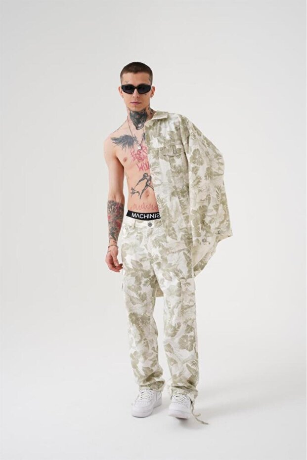 Men's Oversize Patterned Denim Jacket Flower - 6