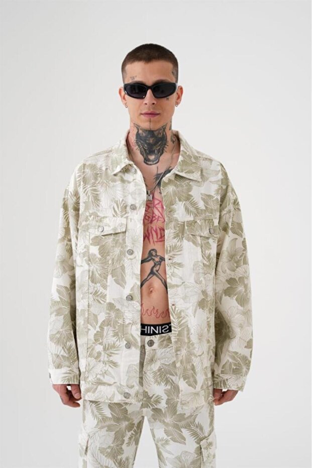 Men's Oversize Patterned Denim Jacket Flower - 3