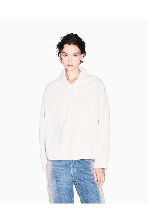 Women's Relaxed Fit Cotton Denim Ecru Jacket with Pocket Detail