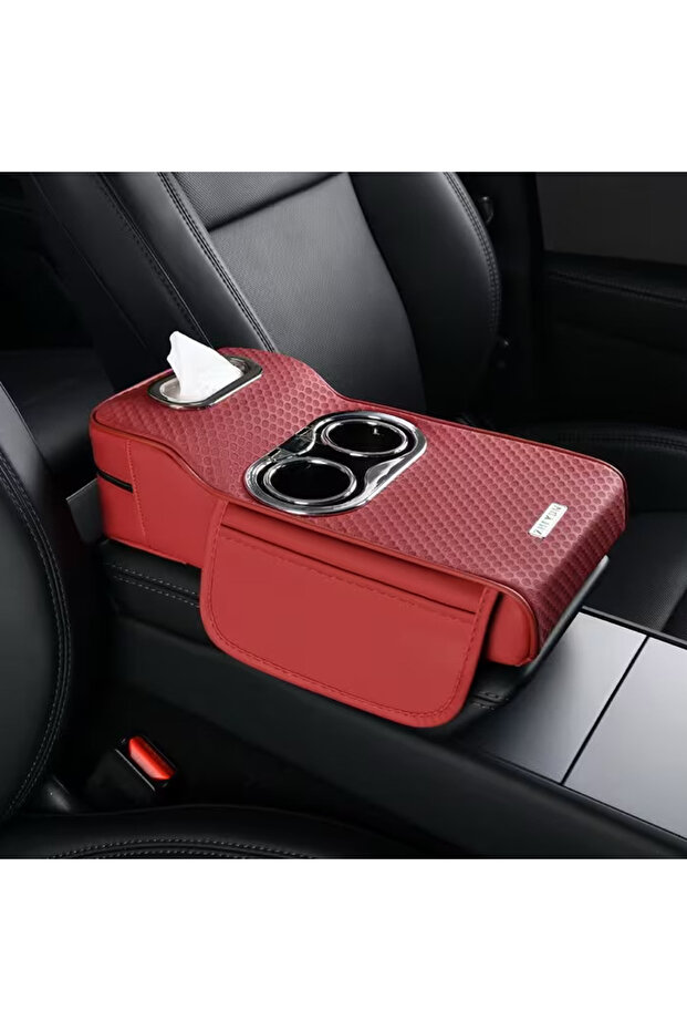 Car Armrest Heightening Pad with Cup Holder & Tissue Box (Burgundy)