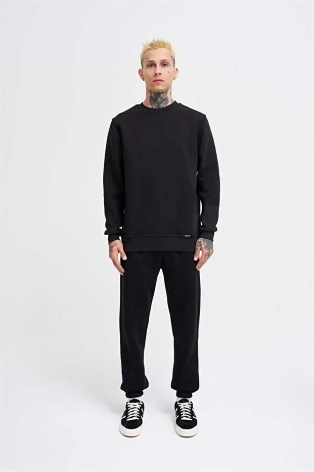 Erkek Regular Bisiklet Yaka Basic Sweatshirt Siyah - 3