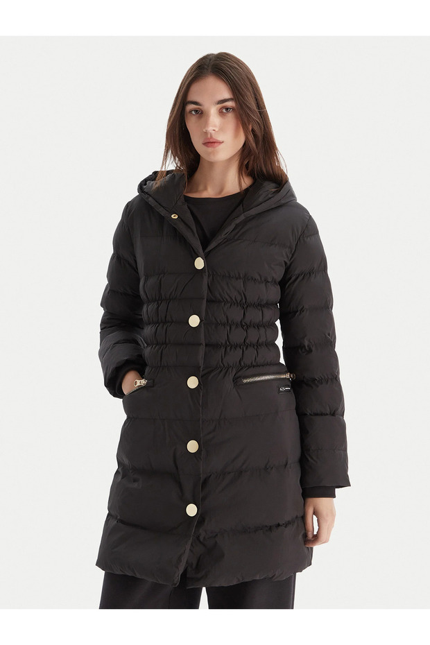 Women's Elastic Cuffs Long Sleeve Hooded Collar Black Coat with Pockets