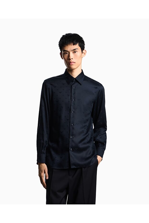 Men's Shiny Fabric Long Sleeve Shirt with Collar Logo Pattern Navy Blue Shirt