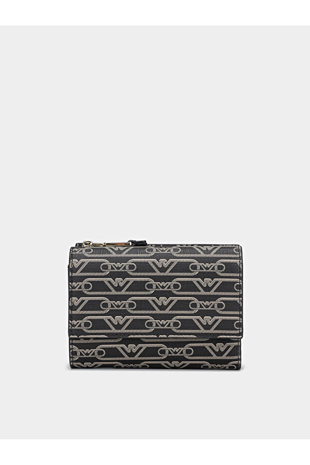 Women's Leather Black Wallet with Cash and Card Compartments and Patterned Interior with Logo