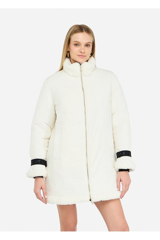 Women's Regular Fit Stand Collar Shiny Button Detailed Long Ecru Coat