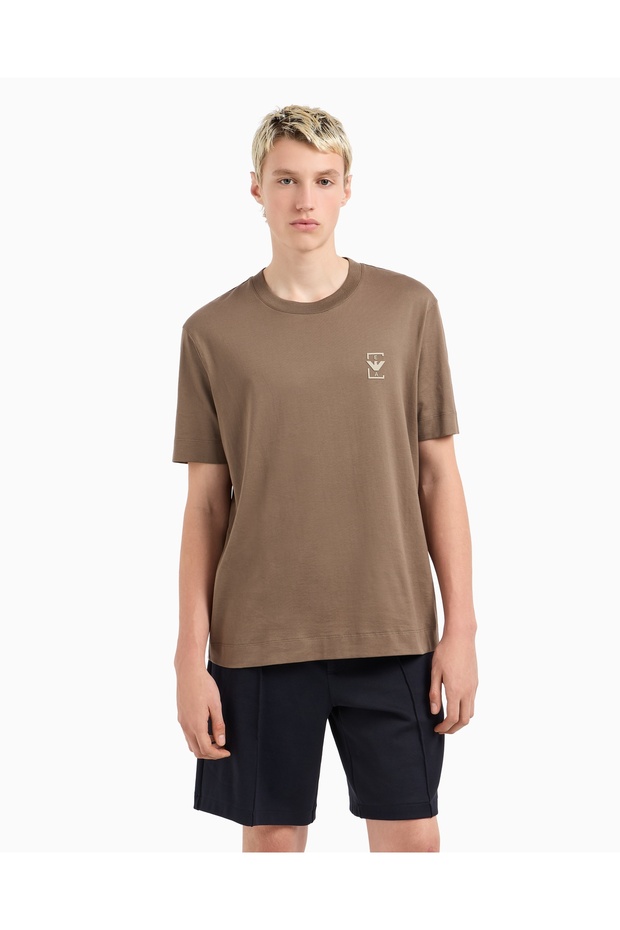 Men's Regular Fit Cotton Round Neck Ea Logo Short Sleeve Beige T-Shirt