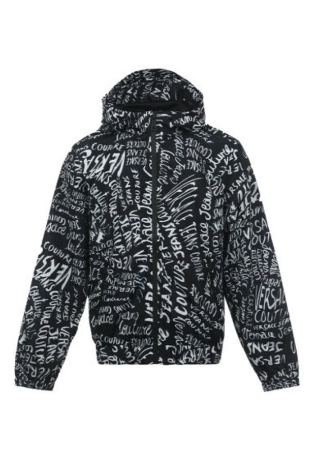 Men's All-Over Text Detailed Long Sleeve Hooded Collar Zipper Closure Black-White Jacket
