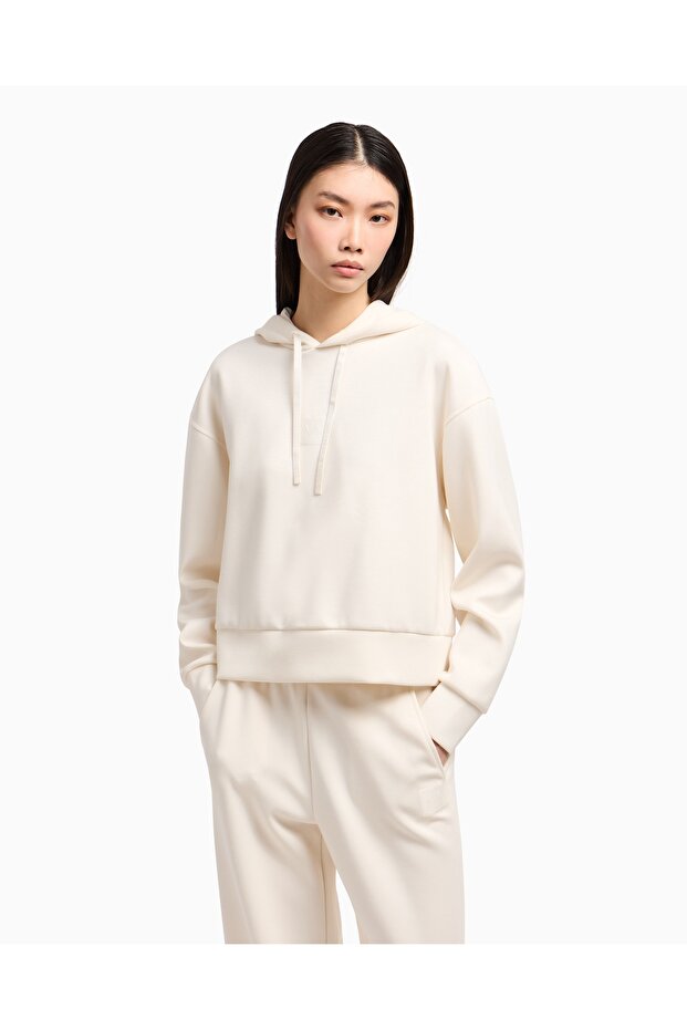 Women's Regular Fit Hooded Collar Elastic Waist Long Sleeve Ecru Sweatshirt
