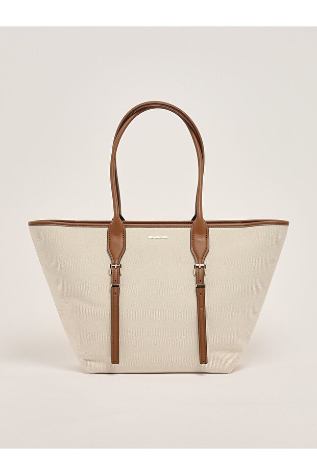 Women's Cotton Canvas Tote Leather Handle Beige Shoulder Bag