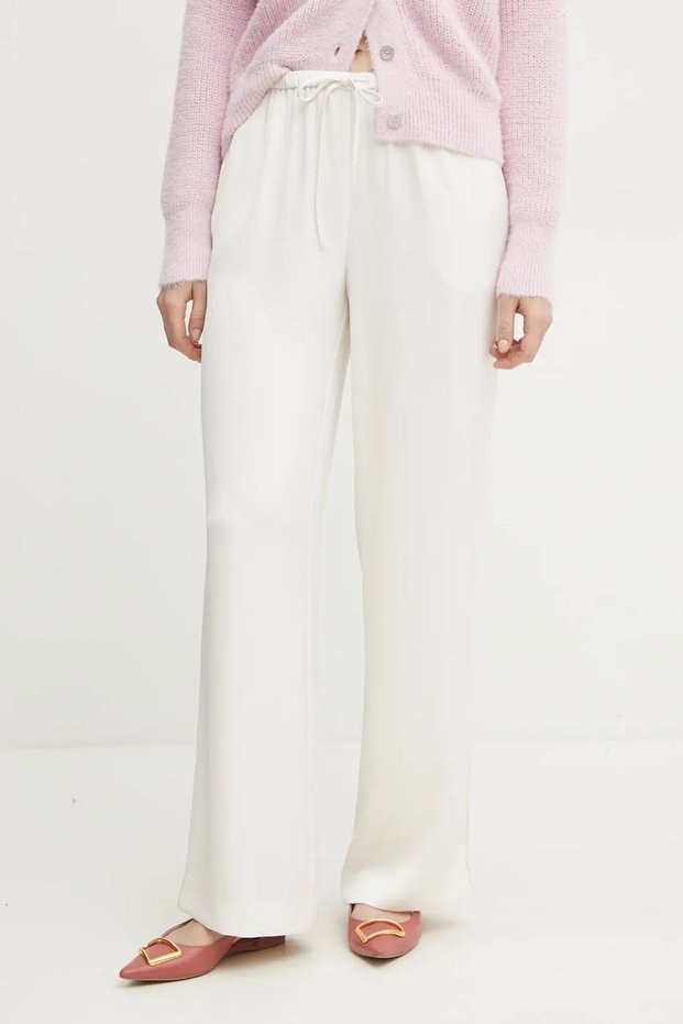 Women's Wide Leg Tied Elastic Waist Straight Relaxed Cut Ecru Trousers