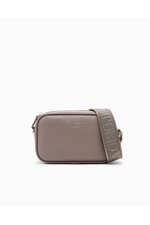 Women's Leather Single Zipper Closure Strap Brand Text Patterned Beige Shoulder Bag
