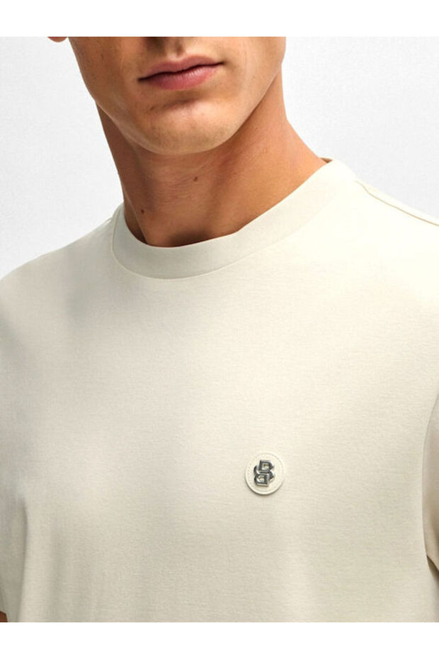 Erkek Regular Fit Bisiklet Yaka Marka Logolu Bej T-Shirt - 4