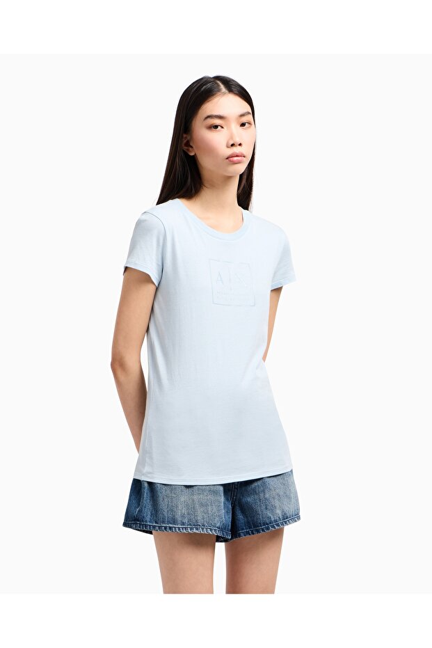 Women's Slim Fit Blue Short Sleeve Cotton T-Shirt with Textured Logo Pattern on the Chest