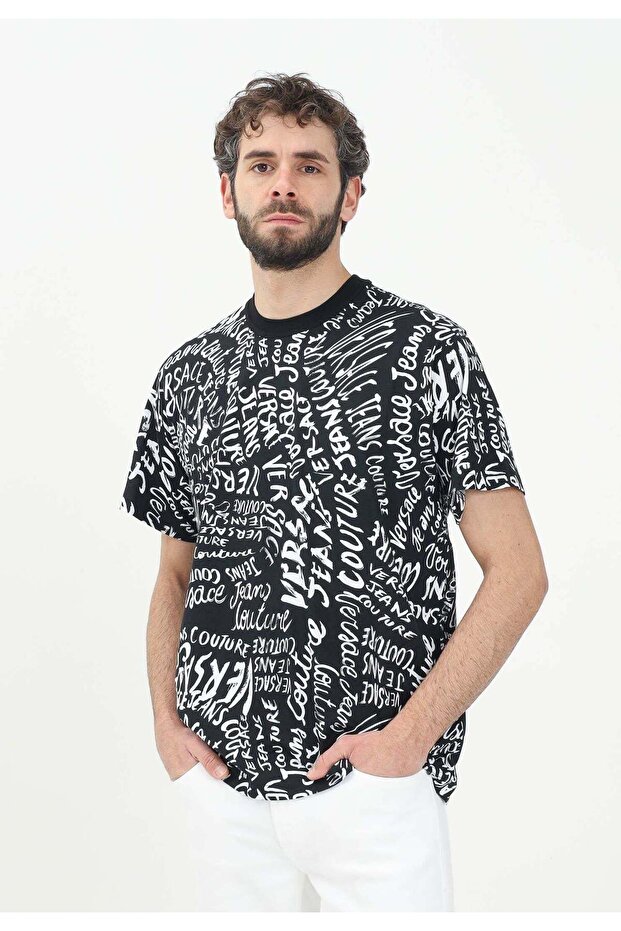 Men's Round Neck Logo Printed Short Sleeve Black-White T-Shirt