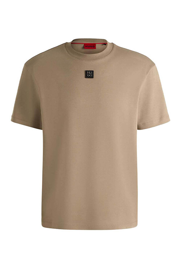 Erkek Sıfır Yaka Marka Logolu Bej T-Shirt - 5