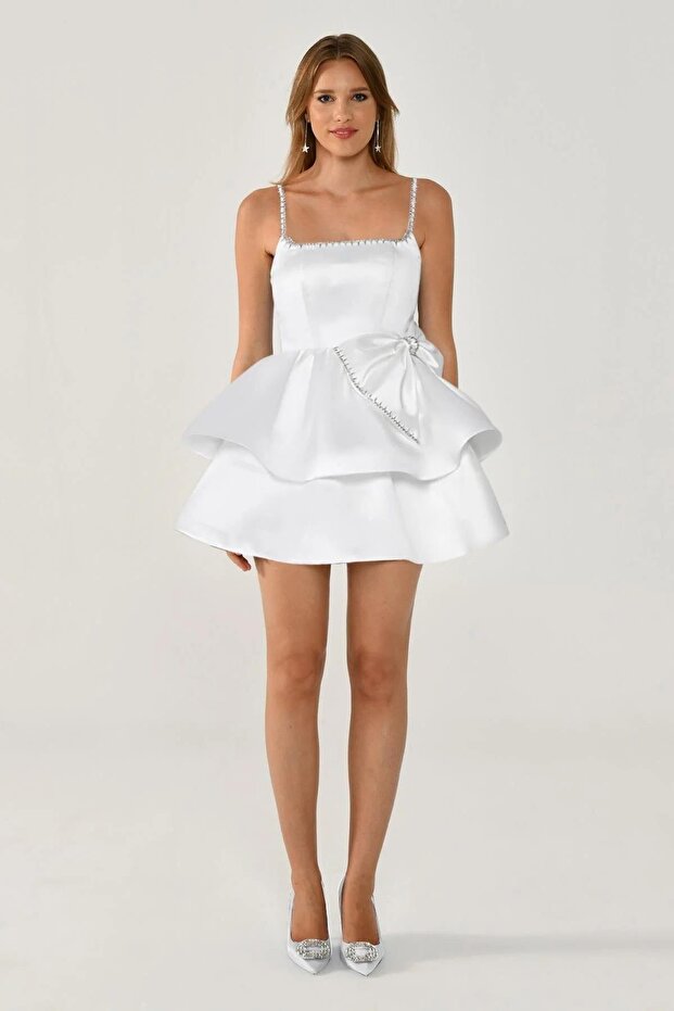 Women's Mini Length Patterned Chiffon Fabric White Evening Dress & Graduation Dress with Rope Straps