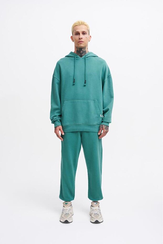 Erkek Yıkamalı Basic Kapüşonlu Oversize Sweatshirt Yağ Yeşili - 5
