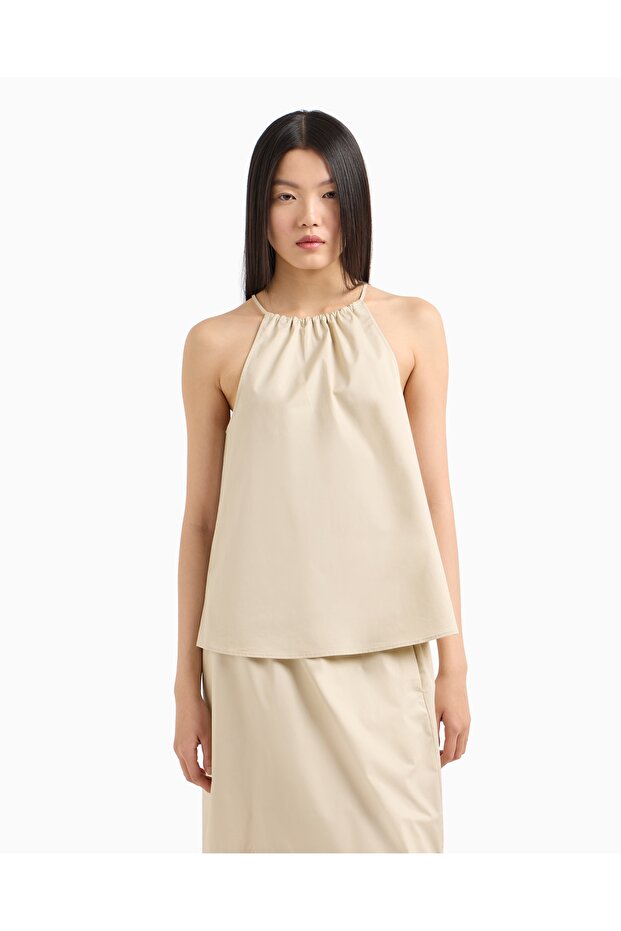 Women's Rope Strap Gathered Collar Wide Cut Comfortable Ecru T-Shirt