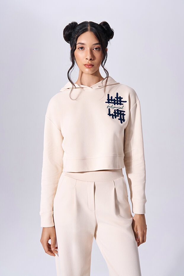 Women's Hooded Printed Long Sleeve Cream Sweatshirt