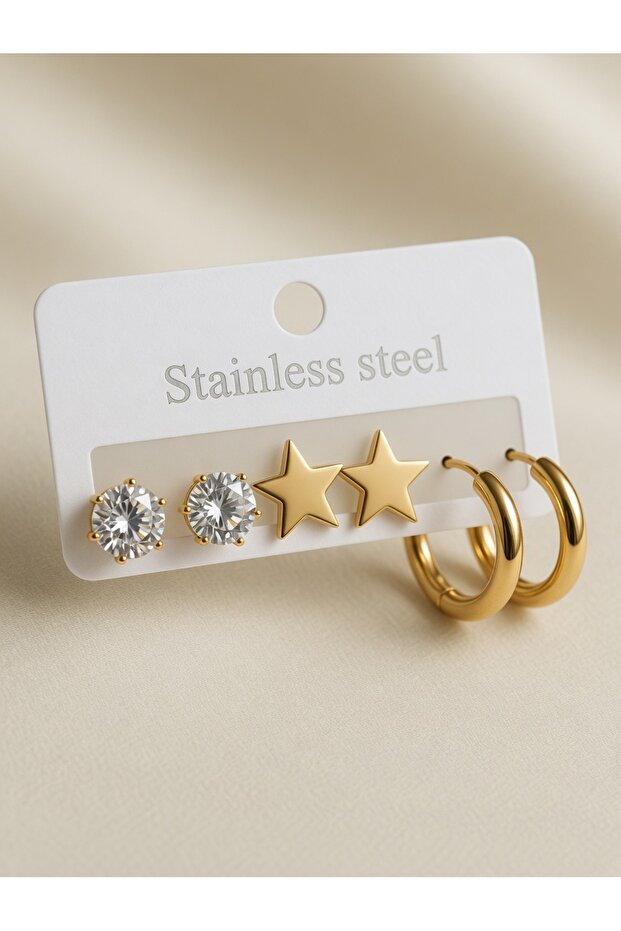 Stainless Steel Gold Color Earring Set with Stones Star and Hoop Model
