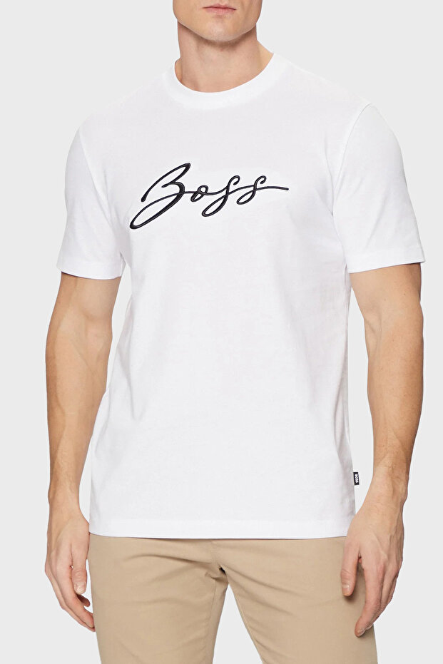 Erkek Regular Fit Yazılı Logolu Yuvarlak Yaka Kısa Kollu Pamuklu Jarse Beyaz T-Shirt - 1