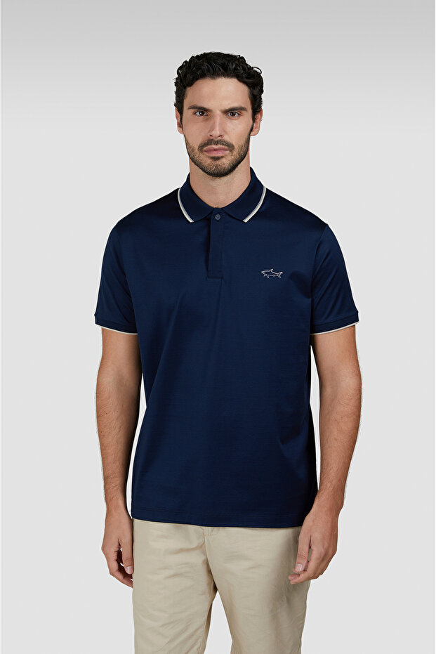 Men's Cotton Brand Logo Short Sleeve Polo Collar Navy Blue Polo Collar T-Shirt